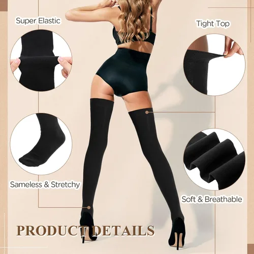 Vista 2 de SATINIOR Calcetines extra largos de algodón hasta el muslo, calcetines extra largos hasta la rodilla para mujer