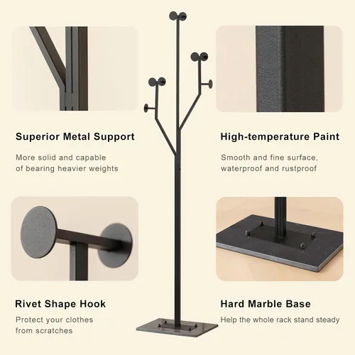 Vista 3 de JIAYUEJU Perchero independiente con forma de árbol de metal con base de mármol resistente, perchero de esquina para dormitorio, entrada, pasillo