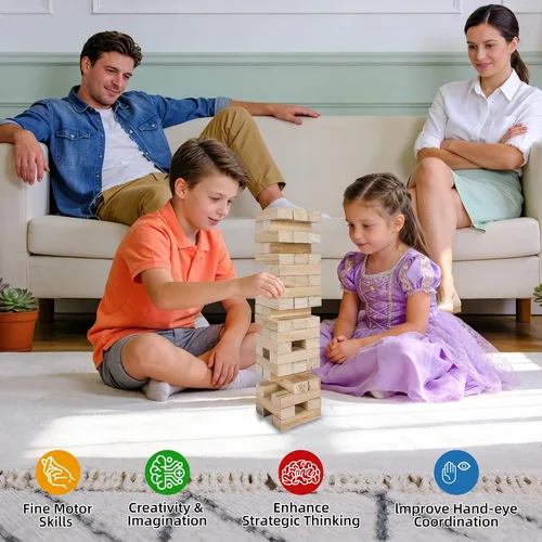 Vista 5 de Offelec Juegos de Bloques de Torre Tambaleante, Juego de Apilamiento de Bloques de Madera Grandes para Niños Adultos Familia, Juegos de Mesa