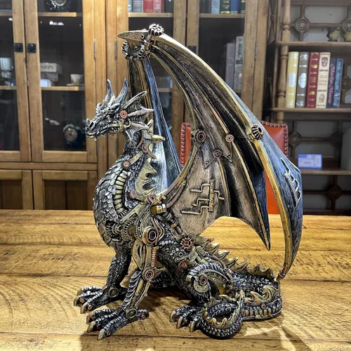 Vista 2 de Estatua de dragón steampunk gótica retro equipo mecánico sentado dragón de aspecto metálico, escultura de resina para el hogar, decoración de cuevas