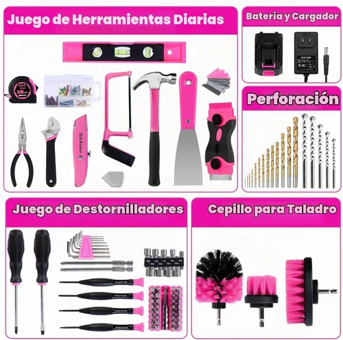 Vista 7 de ThinkLearn - Kit de herramientas con taladro inalámbrico de 20 V (265 lb-in), juego de taladro rosa para mujeres, kit de herramientas para el hogar