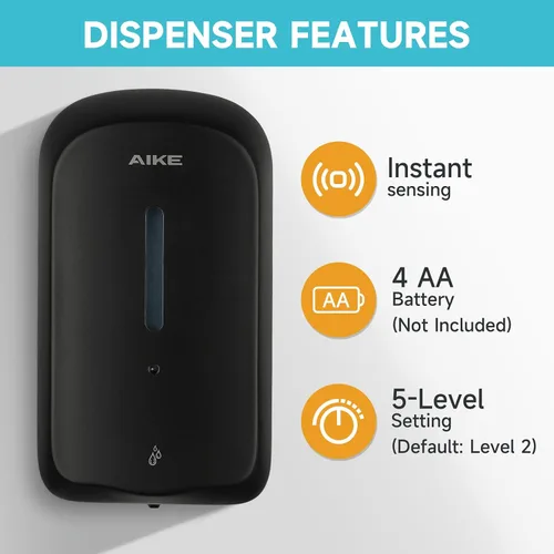 Vista 5 de AIKE Dispensador automático de jabón líquido de montaje en pared de 33.8 oz con construcción ABS comercial, modelo AK1226S (negro)