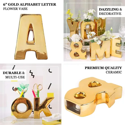 Vista 4 de Efavormart.com Maceta de cerámica chapada en oro brillante de 6" con escultura de letra B, florero para plantas de brotes, pieza central de mesa