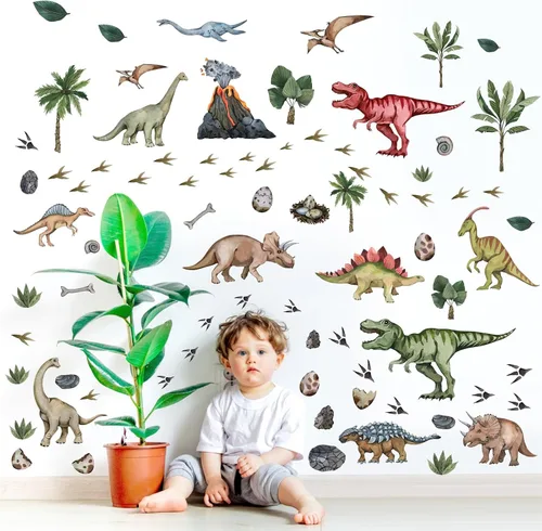 Vista 9 de Calcomanías de pared grandes de dinosaurio para despegar y pegar, calcomanías de pared de huellas de dinosaurio, hojas tropicales, palmeras