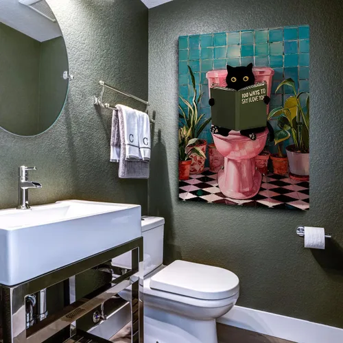 Vista 5 de Divertido arte de pared de gato negro para baño, periódico de lectura de gatos sobre inodoro, póster de mascota humorística rosa para decoración