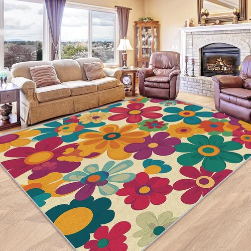 Vista 4 de Alfombra retro floral de 2 x 3 pulgadas, lavable de los años 60 y 70, alfombras hippie para entrada, dormitorio, cocina, alfombra de área de flores