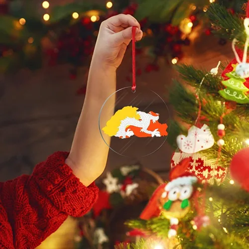 Vista 4 de Silueta de la bandera de Bután, adornos para árbol de Navidad, bandera nacional, recuerdo, decoraciones de Navidad, adornos acrílicos de Bután