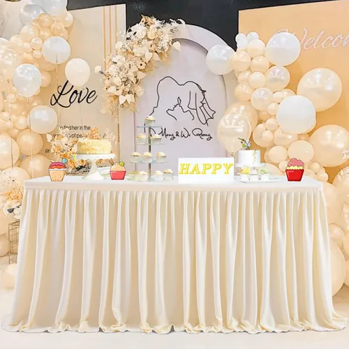 Vista 9 de Falda de mesa plisada negra de 5 pies de longitud para escritorio rectangular, baby shower, boda, cumpleaños, revelación de género, fiesta, postre