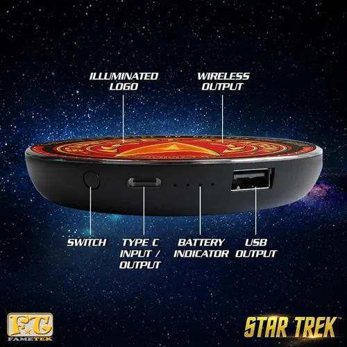 Vista 3 de Cargador Inalámbrico Iluminado Star Trek con Paquete de Batería de Respaldo Integrado para Carga Alámbrica y Sin Alambres – Cargador de Teléfono