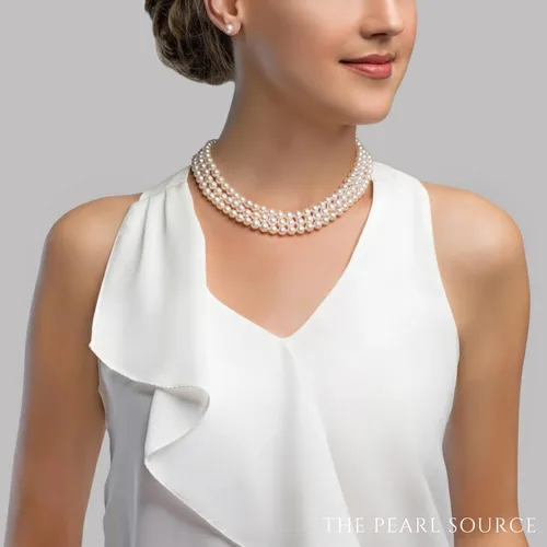 Vista 3 de The Pearl Source Sterling Silver AAAA Quality Triple Strand White Freshwater Cultured Pearl Necklace for Women