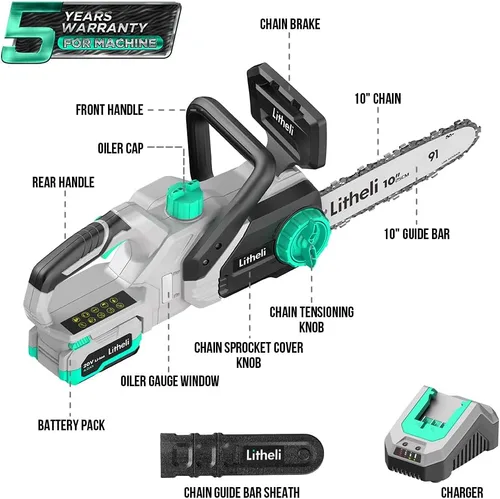 Vista 2 de Litheli Motosierra eléctrica portátil de 10 pulgadas, inalámbrica, funciona con pilas, con 4000 mAh, mini sierras para cortar árboles, jardín