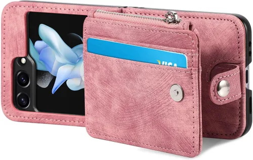 Vista 6 de Fundas para Galaxy Z Flip 5 Funda tipo cartera con tarjetero retro 2 en 1 con cremallera desmontable Flip Wallet Kickstand Premium PU Funda