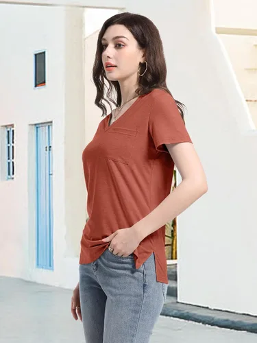 Vista 3 de PGANDS Camisetas de verano para mujer, cuello en V, manga corta, casual, básica, ajuste holgado