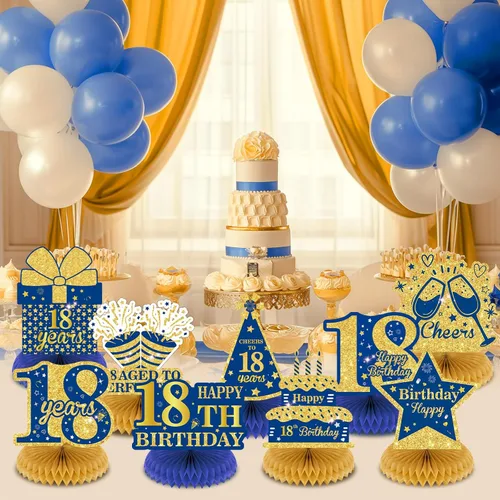 Vista 2 de 9 piezas de decoración de cumpleaños azul marino dorado 18 centros de mesa de panal para decoración de mesa, decoraciones de feliz cumpleaños 18