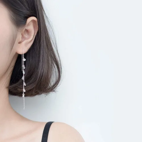 Vista 2 de 925 Sterling Silver Tassel Drop Earrings Long CZ Droplet Dangle Threader Earrings for Women