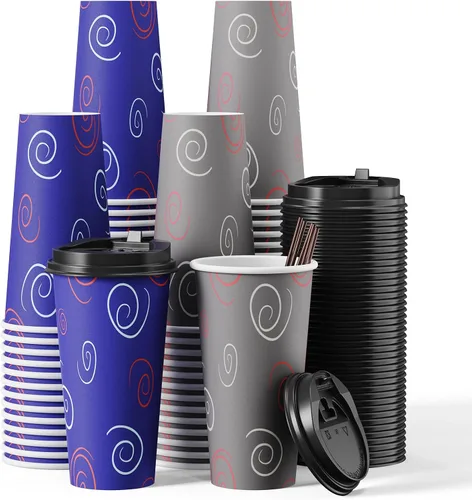 Vista 9 de TV TOPVALUE Paquete de 100 vasos de papel de 12 onzas, tazas de café desechables con tapas y pajitas para agua potable, té, utilizado para el hogar