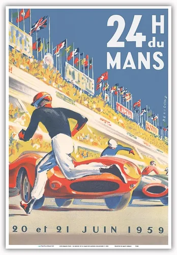 Vista 10 de 1959 Grand Prix - 24 horas de Le Mans Francia - Carreras de resistencia - Póster de carreras de coches vintage por Michel Bélignod c.1959
