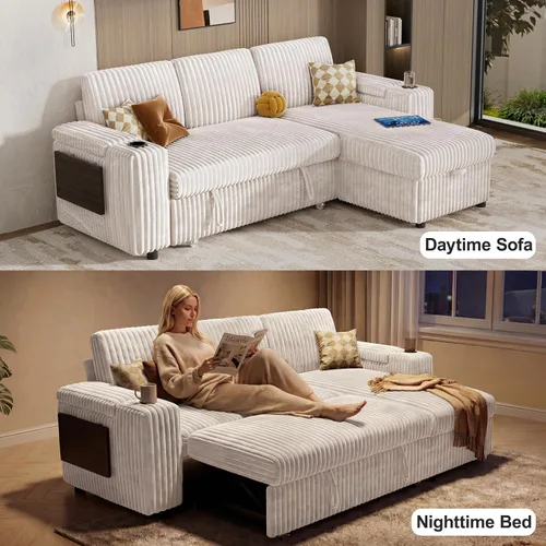 Vista 5 de Vipbear Sofá cama modular de 86 pulgadas con cama extraíble, sofá en forma de L de pana de felpa de 3 asientos con diván de almacenamiento, puertos