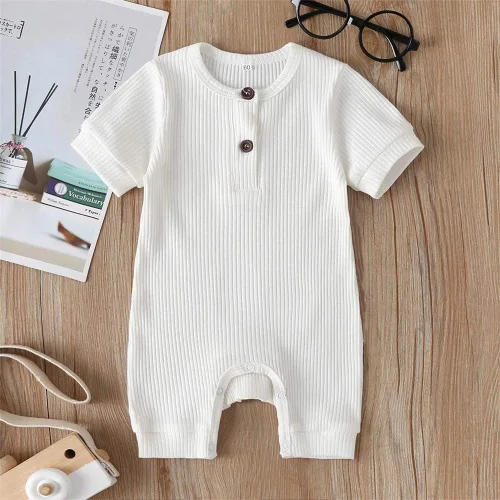 Vista 125 de Mameluco unisex de manga corta para bebé recién nacido, con botones, de una pieza, ropa de color sólido