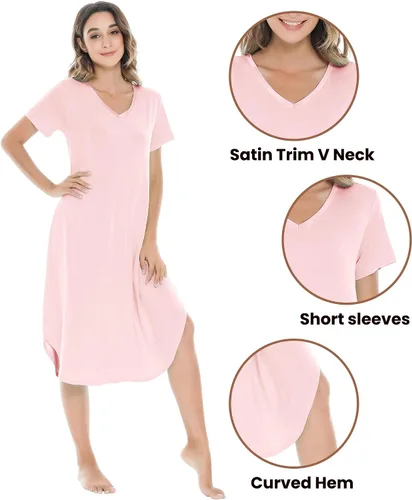 Vista 3 de NACHILA Camisones para mujer, viscosa hecha de bambú, cuello en V, manga corta, ropa de dormir fresca