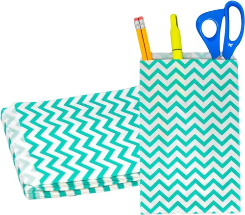 Vista 13 de Novel Box - Paquete de 100 bolsas planas de mercancía con estampado de cheurón azul de 4 x 6 pulgadas, elegante bolsa para regalos de cumpleaños