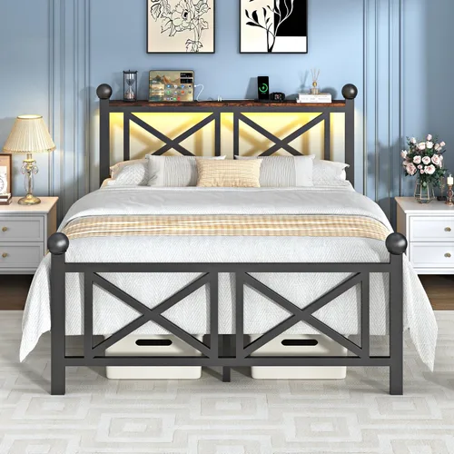 Vista 11 de ChicZhiNest Marco de cama tamaño Twin con estación de carga y luces LED, cama de plataforma de metal con cabecera de madera y estante