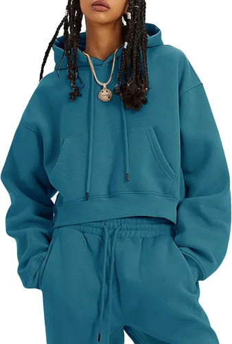 Vista 18 de COZYPOIN Conjunto de 2 piezas de forro polar para mujer, sudadera corta y pantalones con capucha Beige