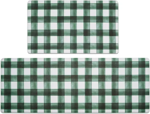 Vista 10 de FRESHMINT Juego de 2 piezas de alfombrillas de cocina estilo granja moderna con cuadros antifatiga para piso, impermeables y antideslizantes Beige