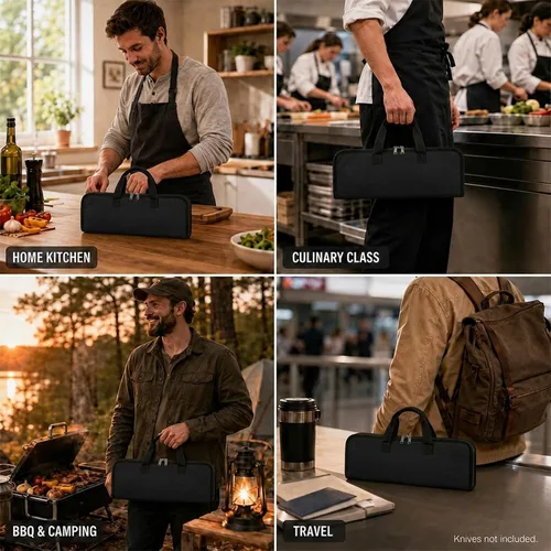Vista 6 de Rollo de cuchillos, bolsa resistente para cuchillos, estuche de lona encerada con 4 ranuras para cuchillos y herramientas de cocina, bolsa