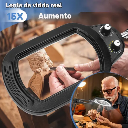 Vista 4 de Lupa rectangular 10X con luz y soporte, lupa iluminada de cristal real, manos libres, perilla mecánica, 5 modos de color, regulable sin escalones