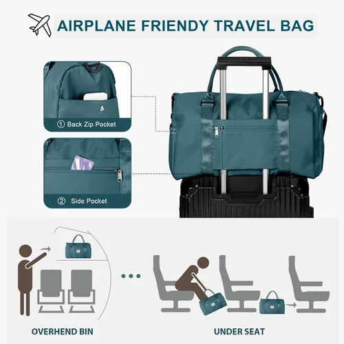 Vista 5 de Bolsa de gimnasio para mujeres y hombres bolsa de viaje deportiva con compartimento para zapatos y bolsillo húmedo A-pavo real-azul