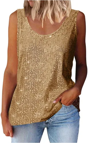 Vista 6 de Camisetas de lentejuelas para mujer, sin mangas, cuello redondo, brillante, sexy, para fiesta, camiseta sin mangas brillante