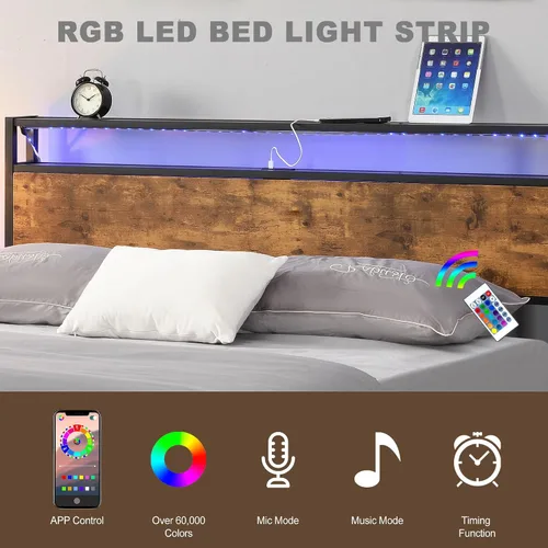 Vista 3 de Base de cama matrimonial con luces LED y 2 puertos USB, marco de cama de metal con estación de carga, marco de cama de granja con almacenamiento
