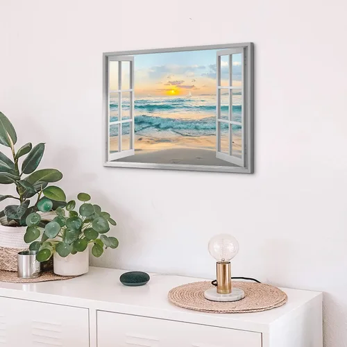 Vista 3 de Arte de Lienzo de Ventana Abierta para Pared: Paisaje Costero de Playa al Atardecer Vista de Ventana Falsa Imagen Olas Azules del Océano Pintura