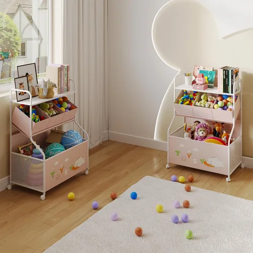Vista 4 de BBLIKE Organizador de Almacenamiento de Juguetes con Ruedas - Caja de Juguetes Grande de 3 Niveles para Niños, Almacenamiento de Cofre de Juguetes