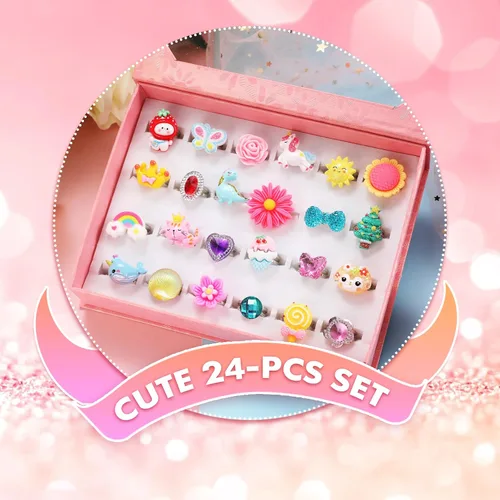 Vista 3 de PinkSheep Little Girl Jewel Rings in Box, Adjustable, No Duplication, Girl Pretend Play and Dress Up Rings (24 Lovely Ring)