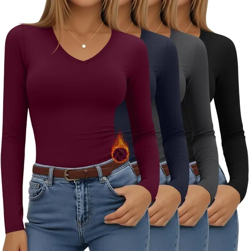 Vista 8 de Paquete de 4 camisas térmicas de manga larga para mujer, con forro polar, cuello en V, ropa interior ajustada, capa base, básica, tops cálidos