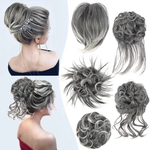 Vista 12 de HMD 5 piezas de moño despeinado para mujer, extensión de cabello con banda de goma elástica, extensión de cabello largo y desordenado, accesorios