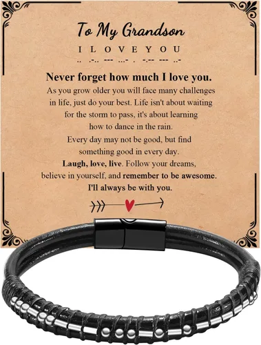 Vista 8 de Pulseras para hombre con código morse para hombre, pulsera de cuero con texto en inglés «I Love You», regalo de joyería para hombre y hombre