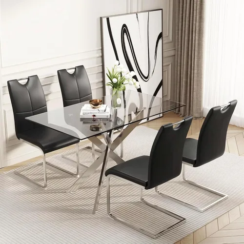 Vista 18 de Juego de mesa de comedor de vidrio de 51 pulgadas para 4 personas con tapa de vidrio templado, color negro Patas de metal negro, sillas de cuero