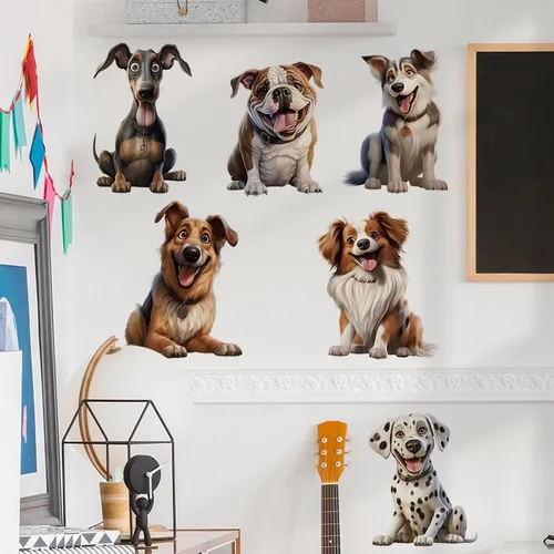 Vista 3 de Calcomanías de pared con diseño de seis razas de cachorros, calcomanías de pared de perros de dálmata, Husky Border Collie, Bulldog Francés