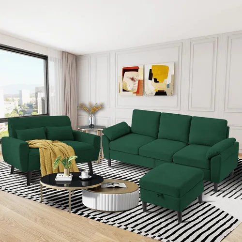 Vista 18 de Juego de sofá modular convertible de 79 pulgadas, moderno sofá pequeño en forma de L de lino con otomana reversible y sofá biplaza, sofás de 3 Beige