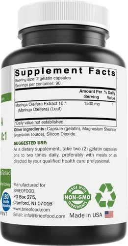 Vista 2 de Brieofood Extracto de Moringa Oleifera 10:1 1500 mg - 180 cápsulas - Suplemento sin OMG y sin gluten - Superalimento verde de hoja de moringa