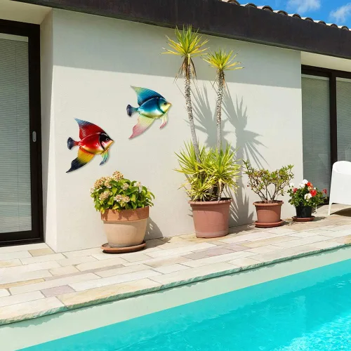 Vista 3 de FANWNKI Juego de 3 esculturas de metal para decoración de pared de peces para exteriores, interiores, para colgar en la piscina, hogar, porche