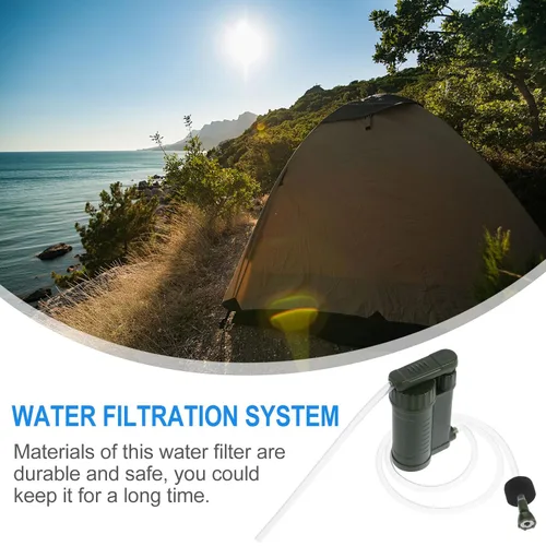 Vista 2 de Bomba de filtro de agua portátil para camping, senderismo, supervivencia, verde, militar, ligero, purificador de agua personal para uso