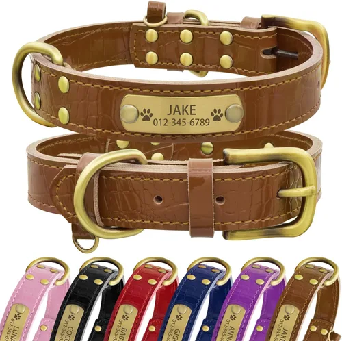 Vista 14 de Collar de perro de cuero genuino personalizado Senristar con placa de nombre grabada - Collar para perro duradero y elegante personalizado para Negro