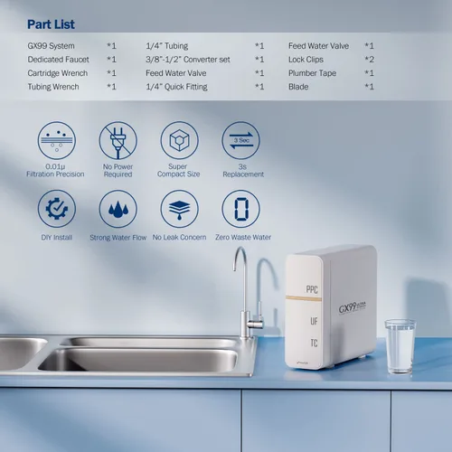 Vista 6 de Frizzlife GX99 Unidad de Purificación de Agua - Filtración Ultra de 0.01 Micrón, Diseño Integrado de Conducto de Agua, Girar para Reemplazar e