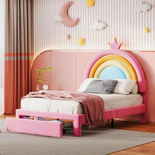 Vista 3 de Cama tapizada con diseño de arcoíris, cama de plataforma de princesa de terciopelo con cajón de almacenamiento, para niños, adolescentes, niños