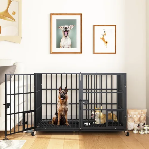 Vista 2 de EZ4ENCE Jaula de Metal para Perros de 42/48/54 Pulgadas para Perros Grandes, Jaula Resistente para Perros de Interior con Panel Divisor, Ruedas