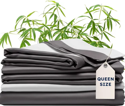 Vista 11 de Wooflinen Juego de sábanas y funda de edredón 100% viscosa derivada de bambú, sábanas de seda suaves al tacto - Ropa de cama de dos tonos